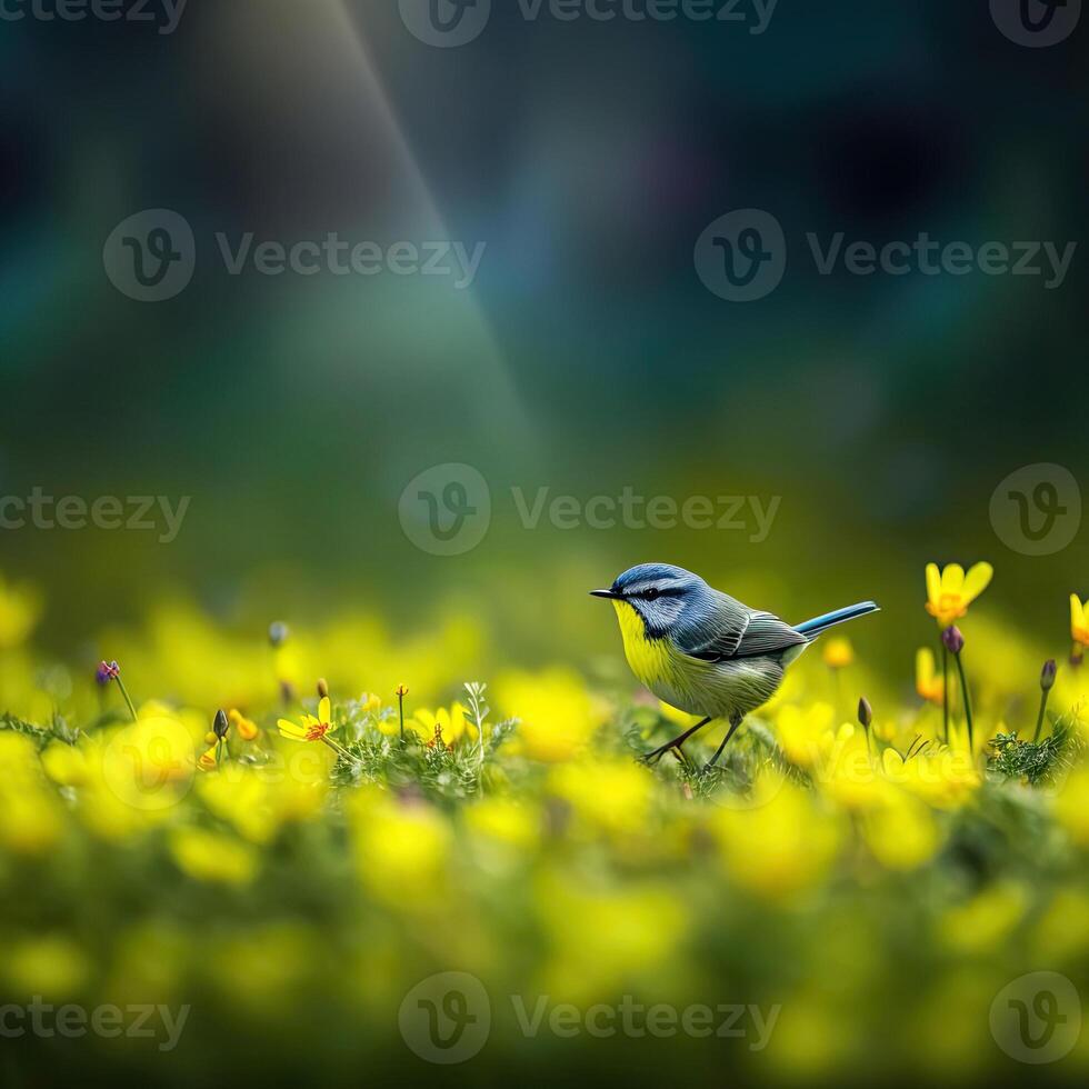 a small bird standing in field of yellow flowers photo