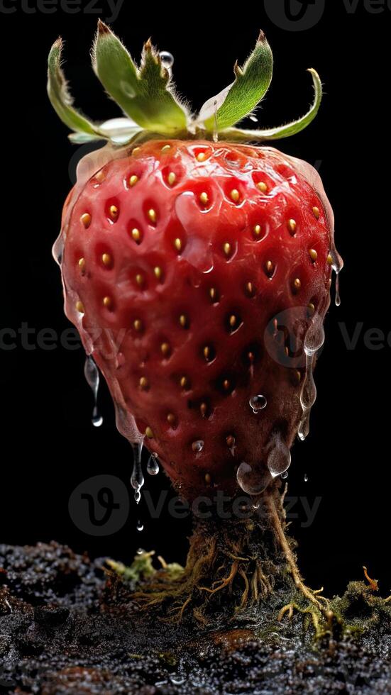 a strawberry coming out of fungus with water droplets on it and black background photo