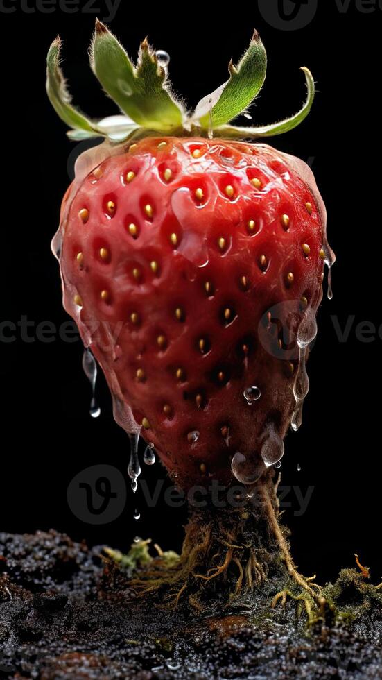 a strawberry coming out of fungus with water droplets on it and black background AI Generative photo