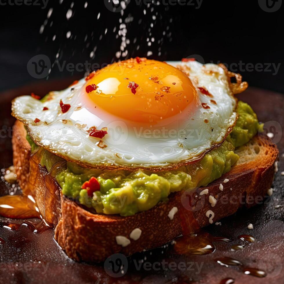 A fried egg on top of toast with avocado and toasted bread plate salt pepper sprinkles photo