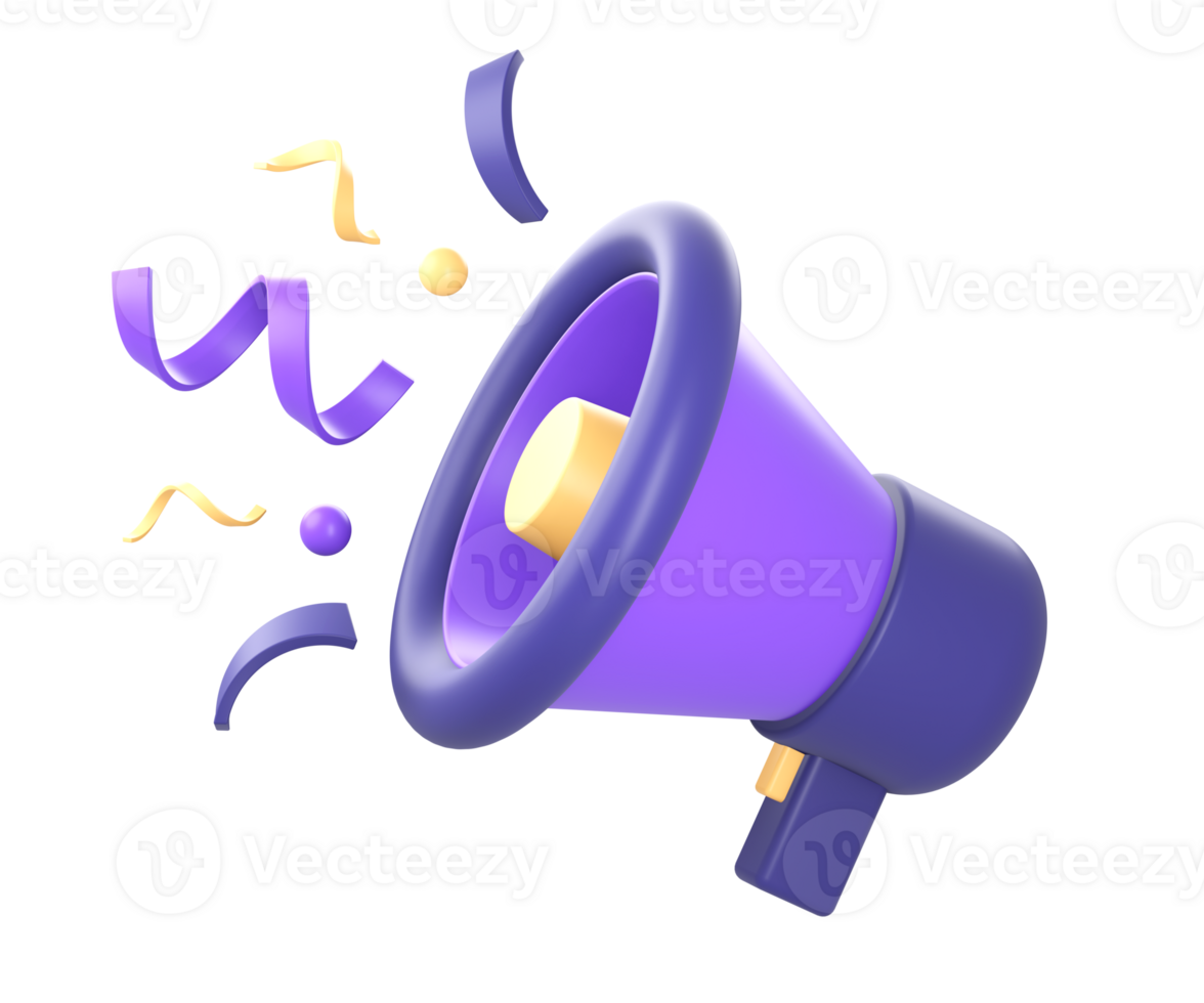 3d purple loud speaker with party confetti icon for UI UX web mobile apps social media ads designs png