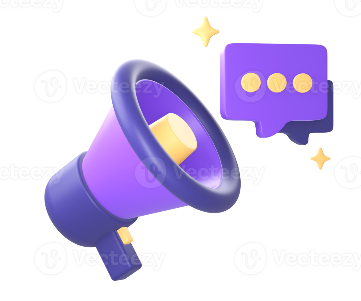 3d purple loud speaker with chat bubble and star icon for UI UX web mobile apps social media ads designs png