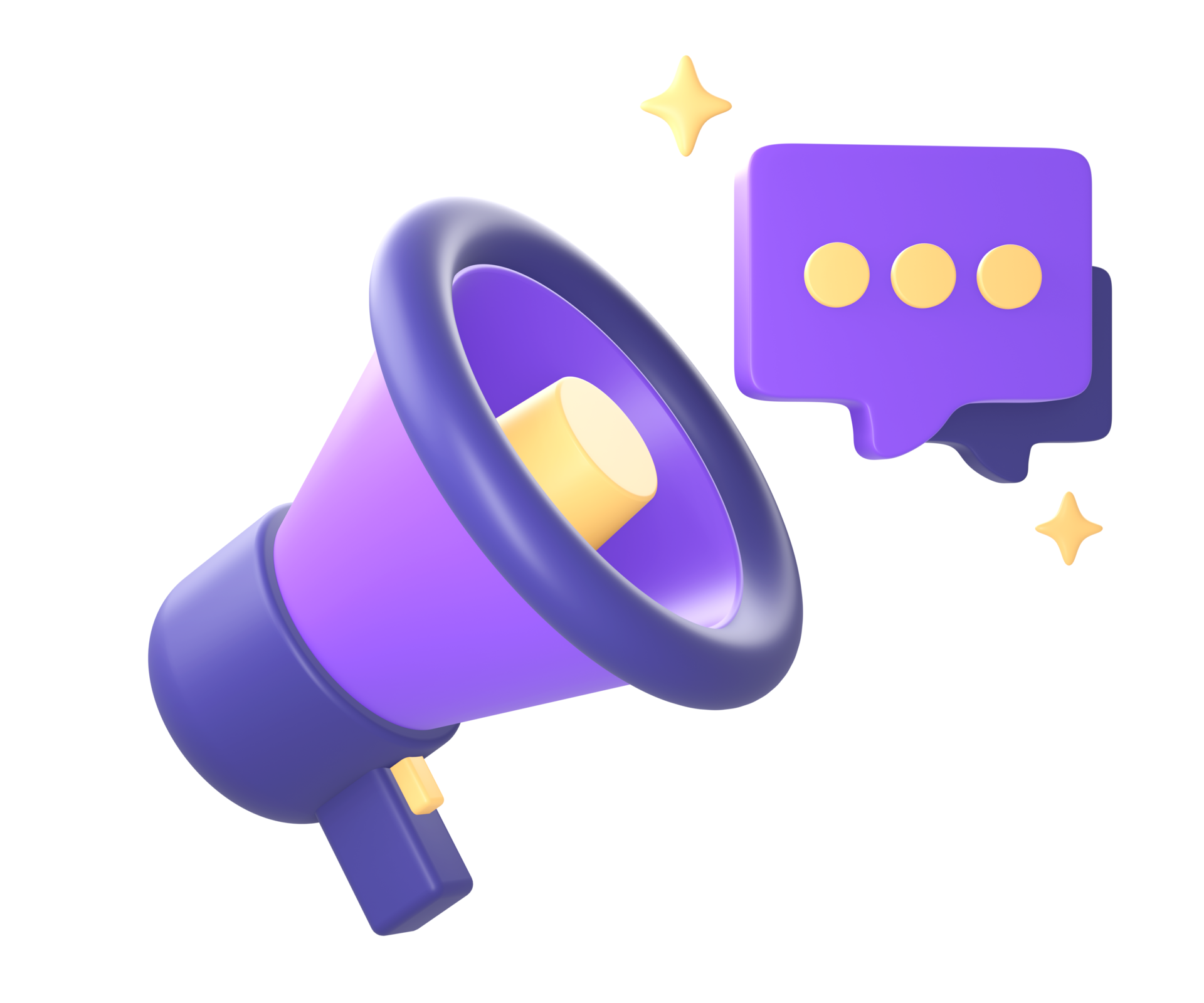 3d purple loud speaker with chat bubble and star icon for UI UX web