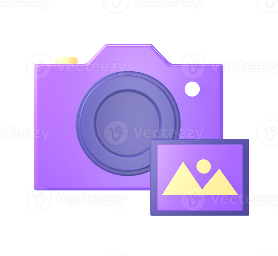 3d violet caméra avec image image ou photo icône pour ui ux la toile mobile applications social médias les publicités dessins png