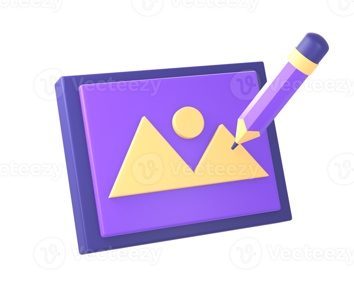 3d purple photo image picture with pencil icon for UI UX web mobile apps social media ads designs png