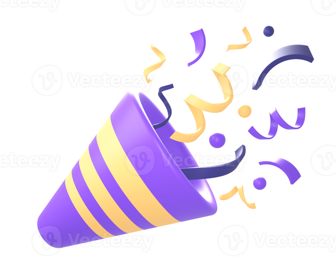 3d purple party popper celebration with confetti icon for UI UX web mobile apps social media ads designs png