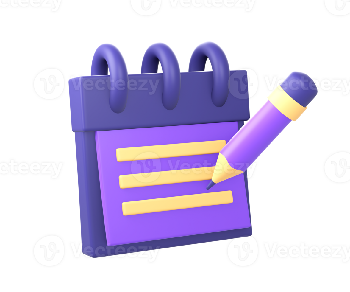 3d purple paper note book reminder with pencil side icon for UI UX png