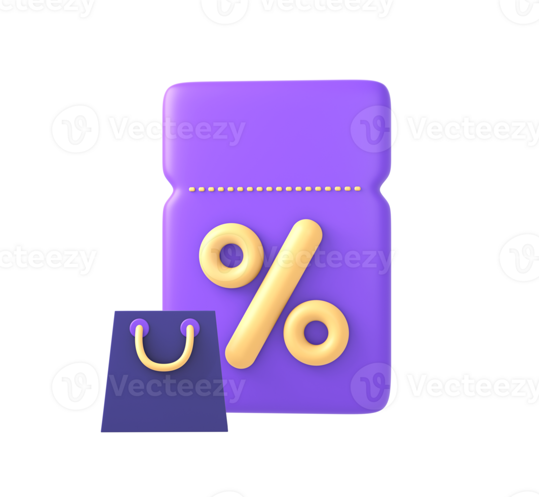 3d purple promo code coupon and voucher with shopping bag icon for UI UX web mobile apps social media ads designs png