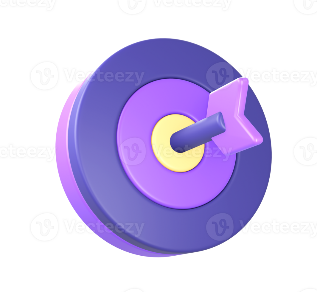 3d purple arrow hits target and goal icon for UI UX web mobile apps social media ads designs png