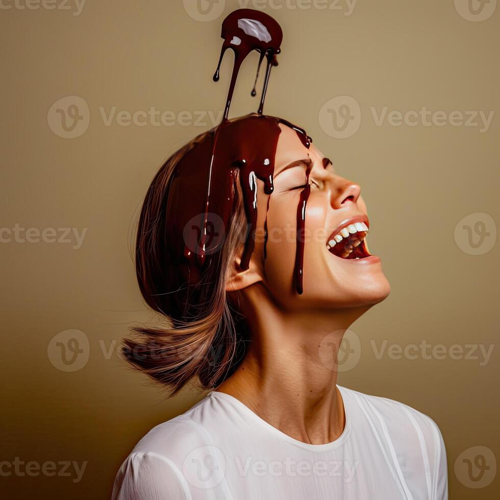 a woman with chocolate dripping from her head photo