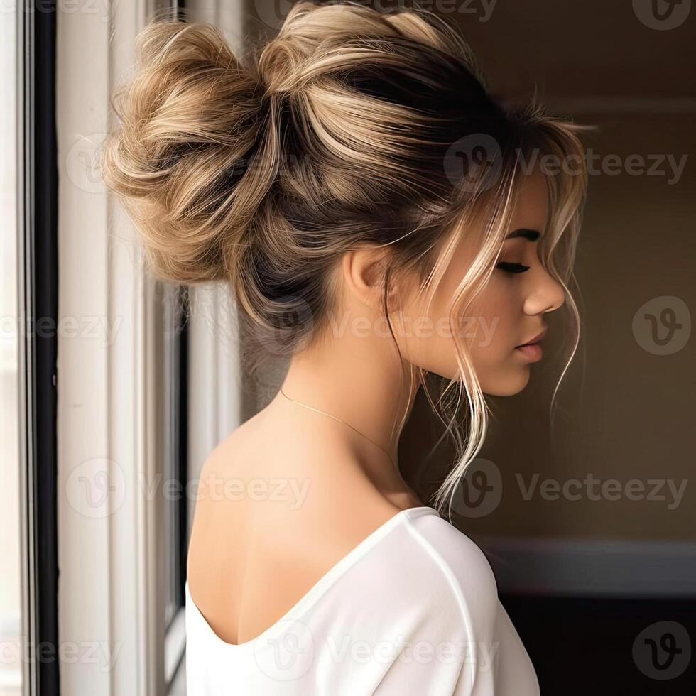 a woman with messy bun in her hair looking out window photo