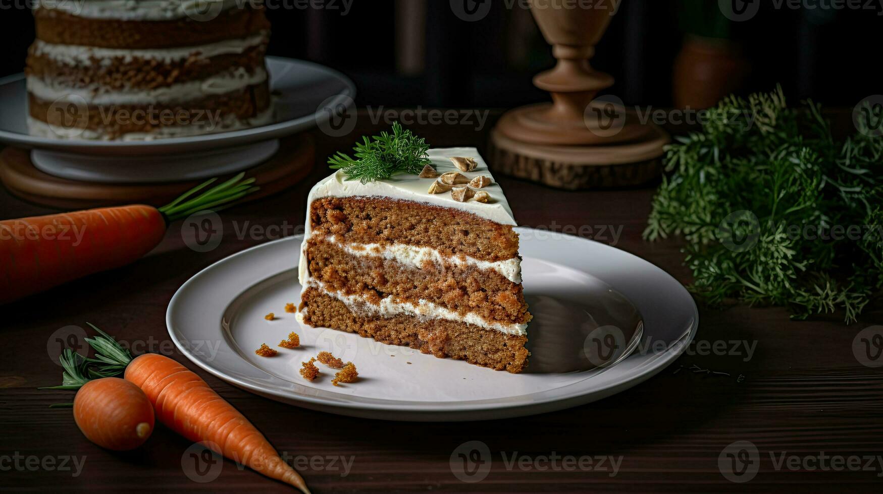 un rebanada de Zanahoria pastel en plato con zanahorias siguiente a eso ai generativo foto