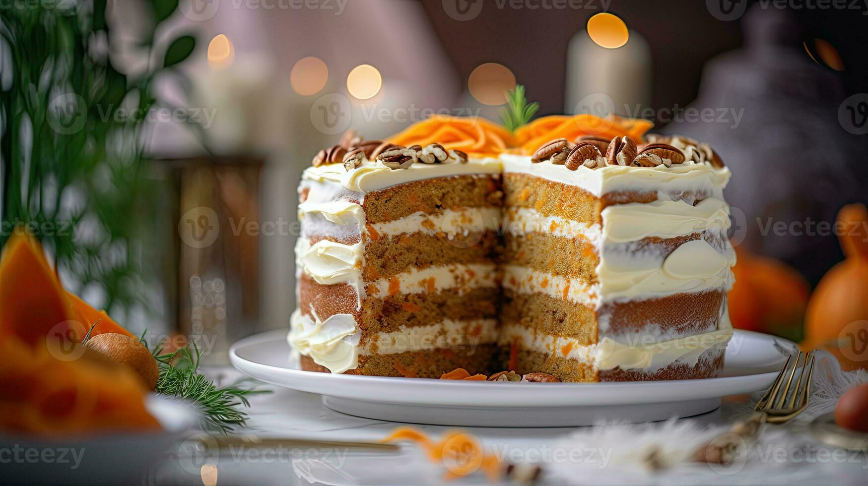 a cake with slice cut out of it on plate AI Generative photo