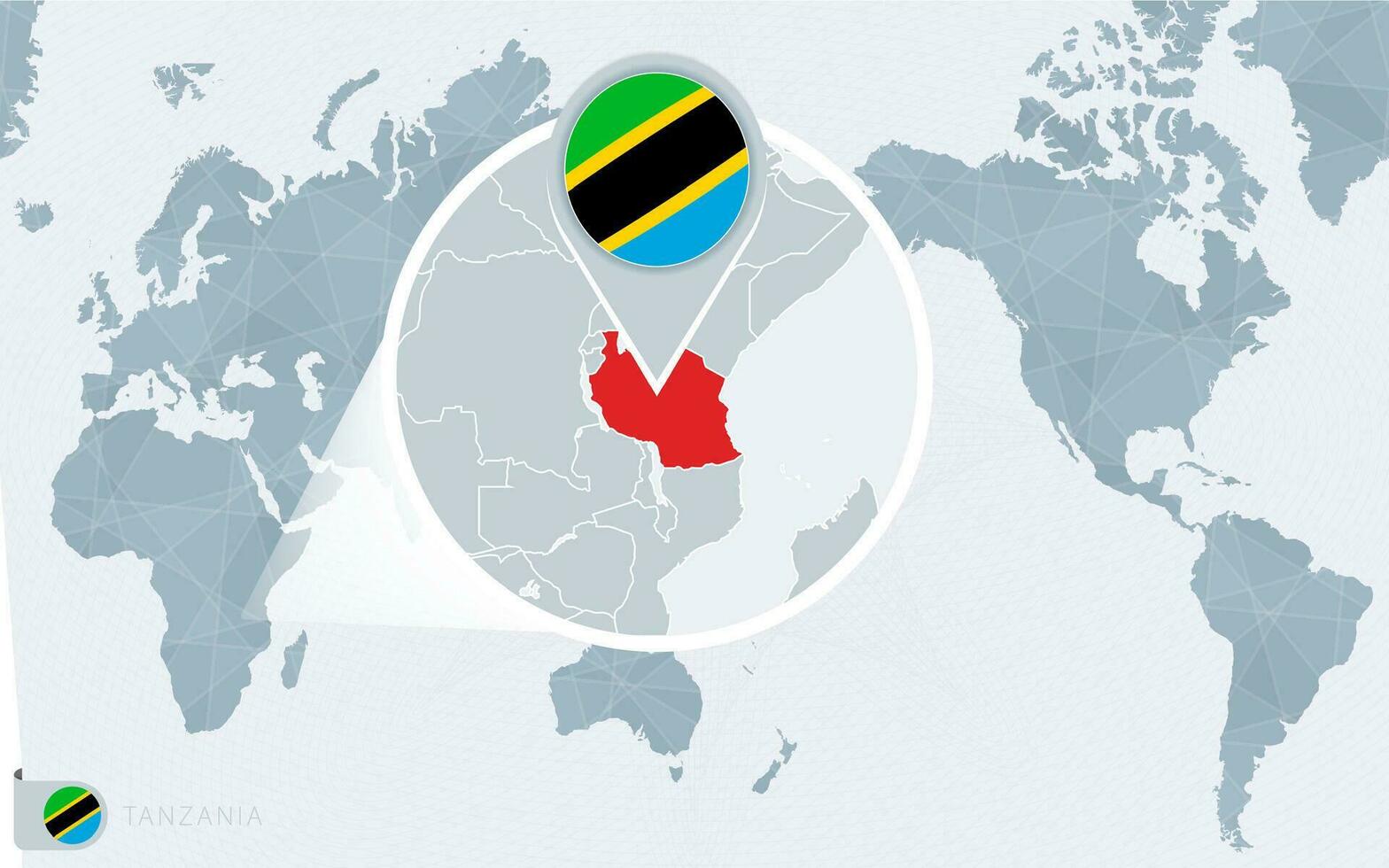 Pacífico centrado mundo mapa con magnificado Tanzania. bandera y mapa de Tanzania. vector