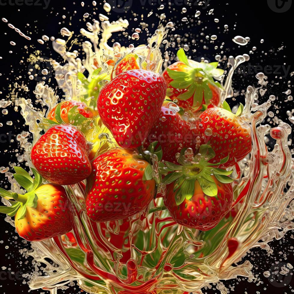 Strawberry blossom explosion with water and black background photo