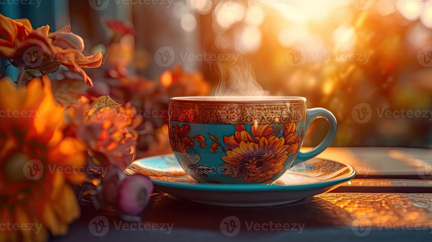 a cup of hot coffee with steam rising photo