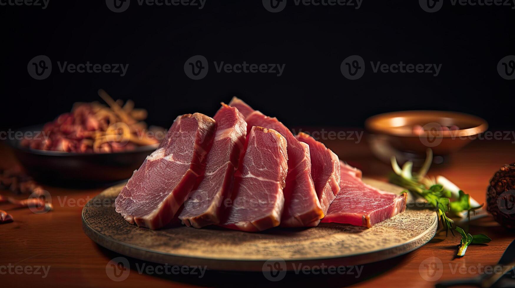 un plato de crudo carne en de madera mesa ai generativo foto