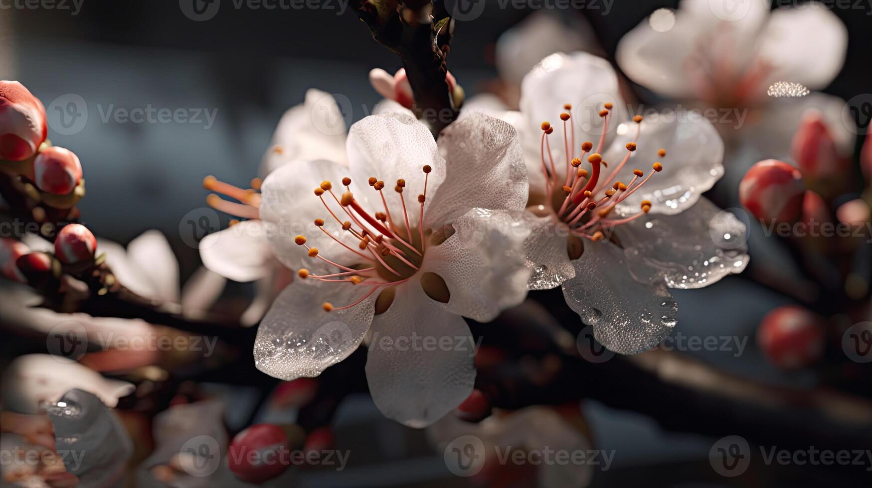 close up of flower on tree branch with water droplets photo