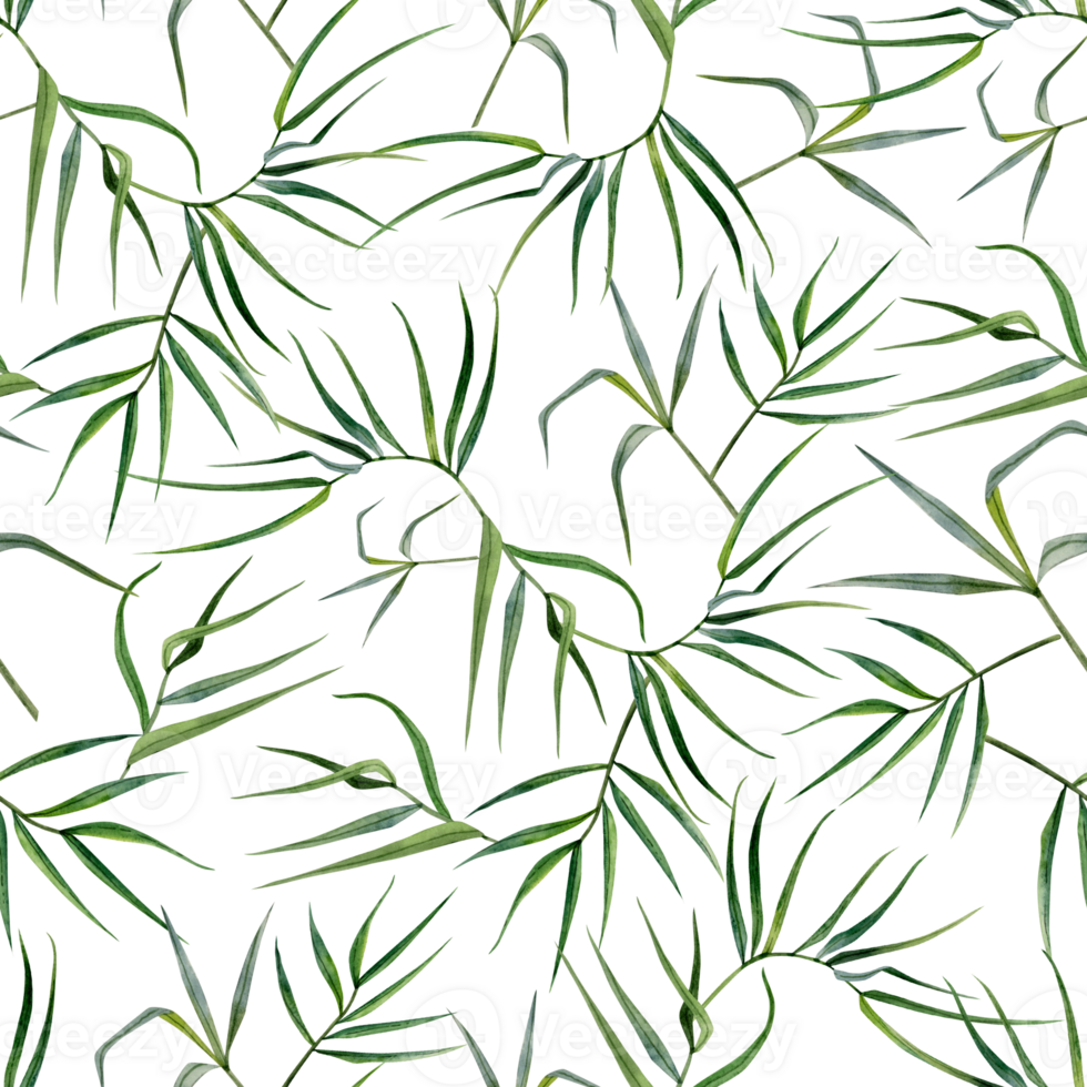 Tropical bamboo branches and leaves green watercolor seamless pattern. Hand drawn botanical background for printing on fabrics and textiles png