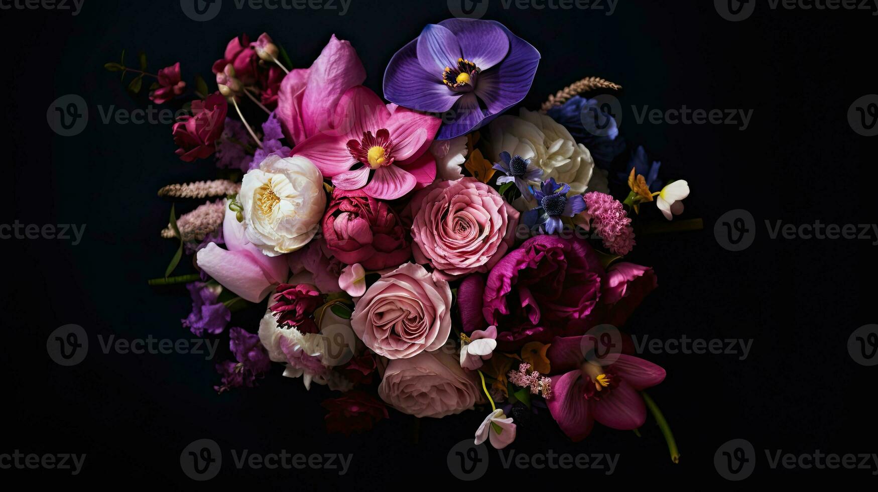 un ramo de flores de flores en negro antecedentes ai generativo foto