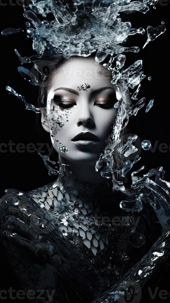 a woman with eyes closed and water splashing face photo