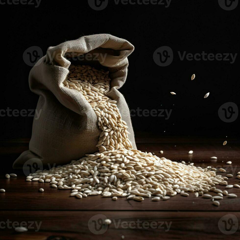 a bag of seeds is spilling out it on wooden table with black background AI Generative photo