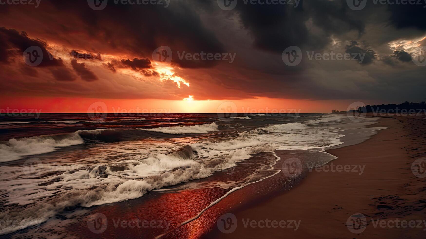 a sunset over beach with waves crashing photo