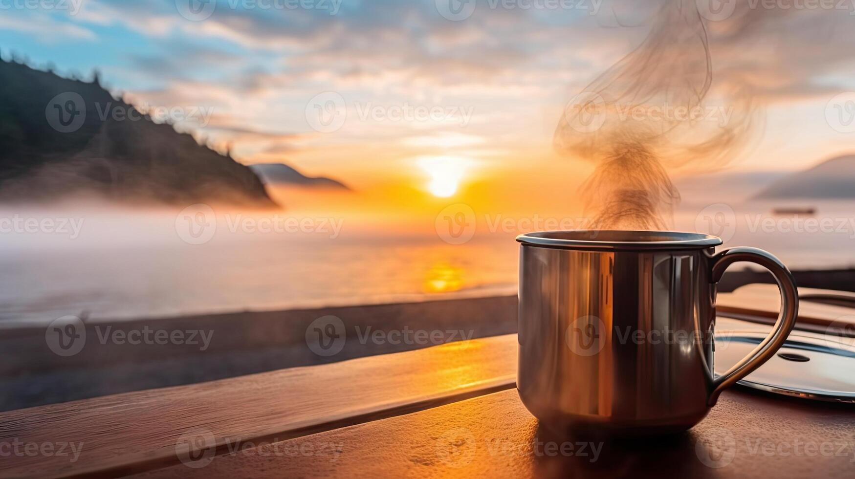 a cup of coffee with beautiful sunset photo