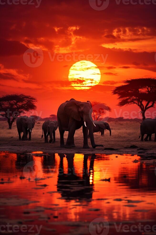 Stunning African safari scene at sunset with elephants, giraffes, and zebras under a fiery sky photo