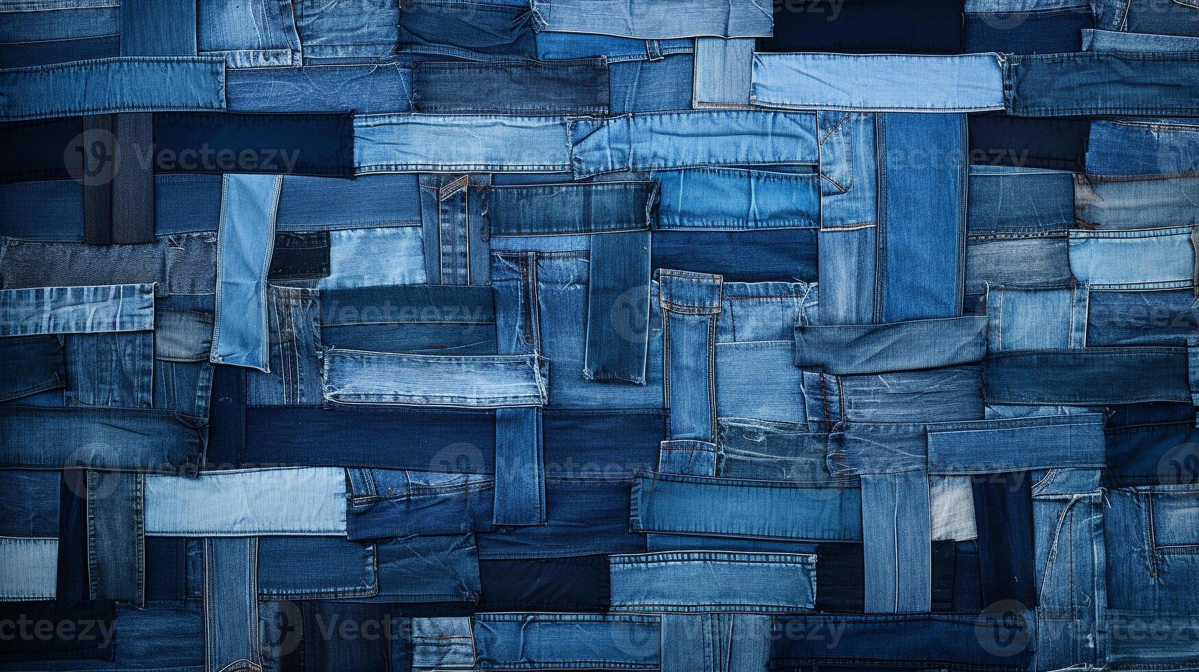 Creative Patchwork of Denim Textures in Various Shades of Blue, Ideal for Youth-centric Fashion Advertisements photo