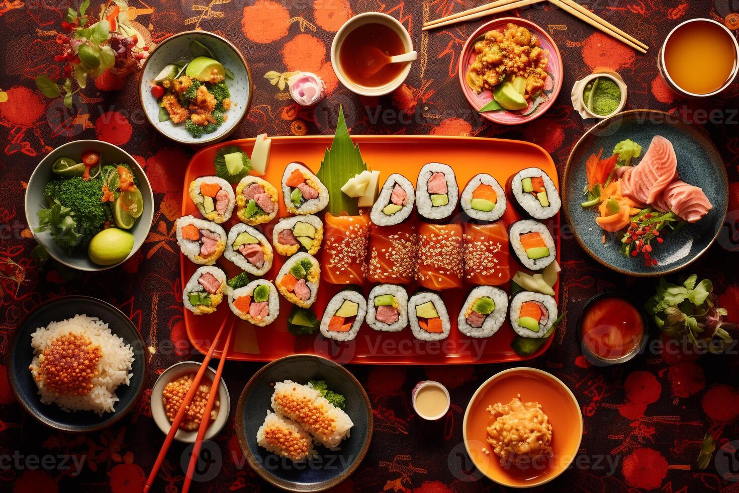 An international feast from above, a unifying spread of sushi, pasta, and tacos on a vibrant tablecloth AI Generative photo