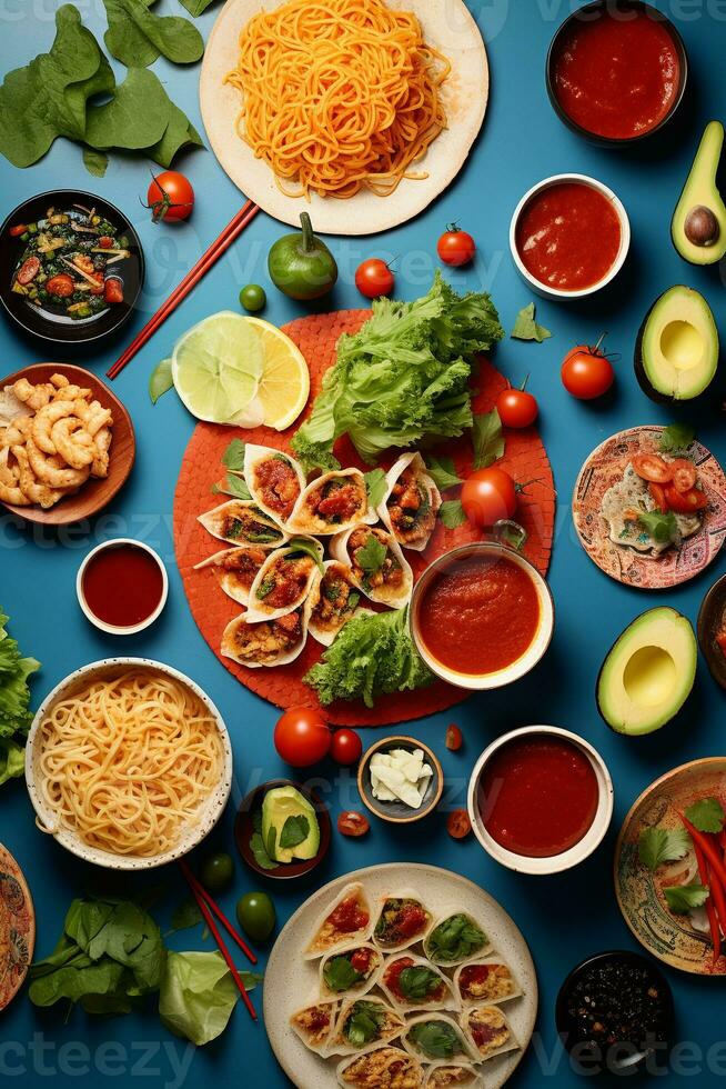 un internacional banquete desde arriba, un unificando untado de Sushi, pasta, y tacos en un vibrante Manteles ai generativo foto