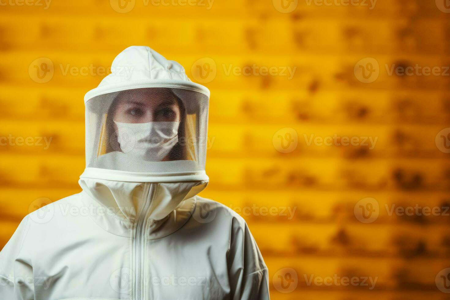 Beekeeper in white protective suit background with empty space for text photo