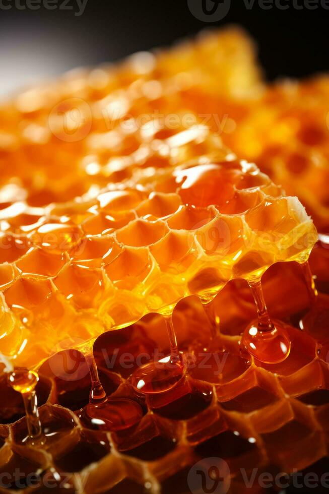 Honey tester probed into a honeycomb background with empty space for text photo