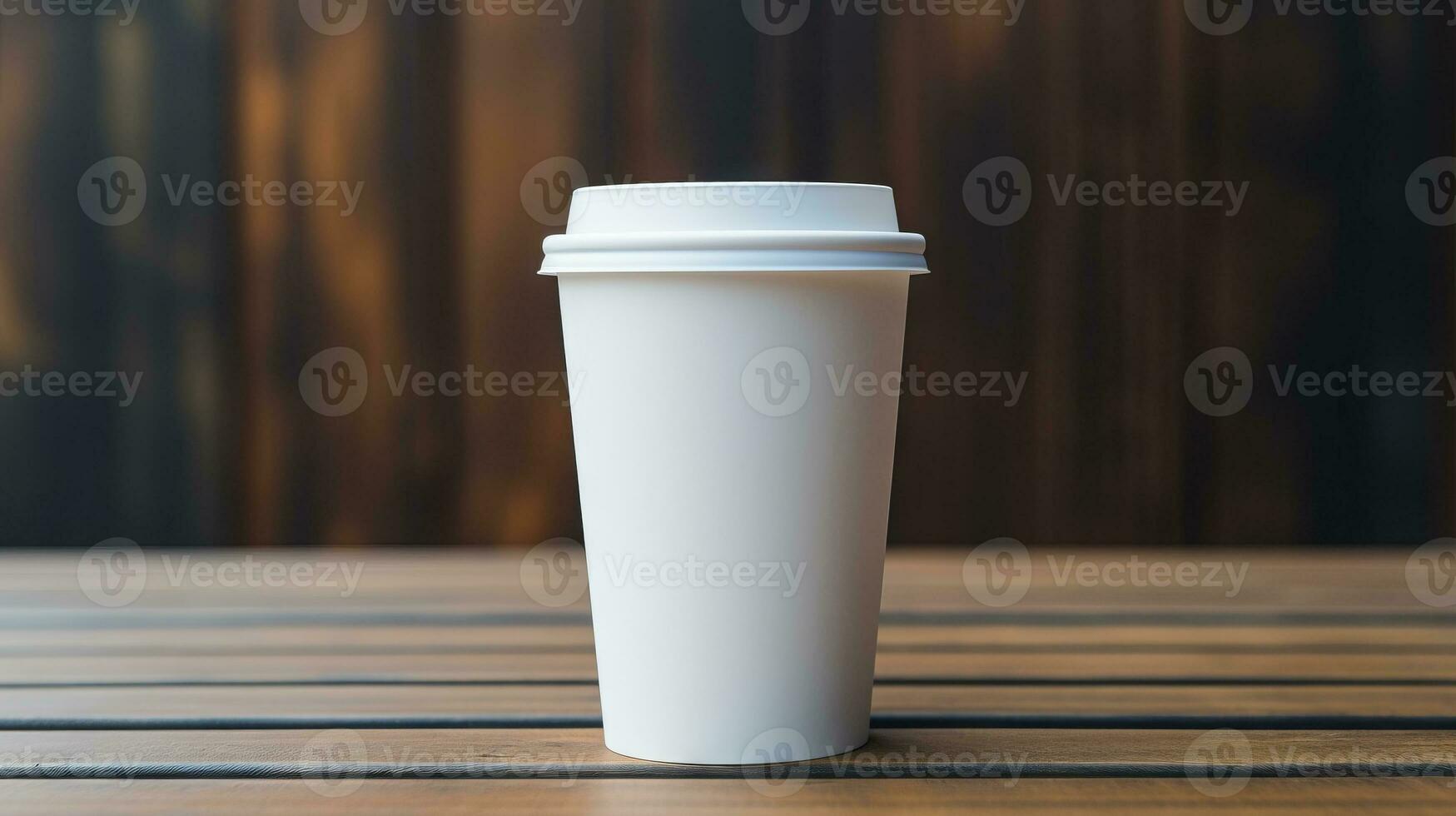 Closed up of white paper coffee cups on wooden table in blur cafe background.coffee cup mockup.generative ai photo