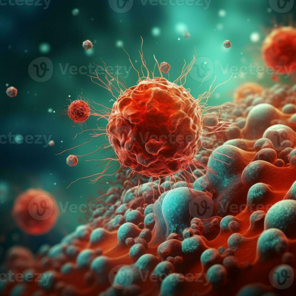 Microsopic of red virus bacteria attack blood cells .medical and science research concept.generative ai photo