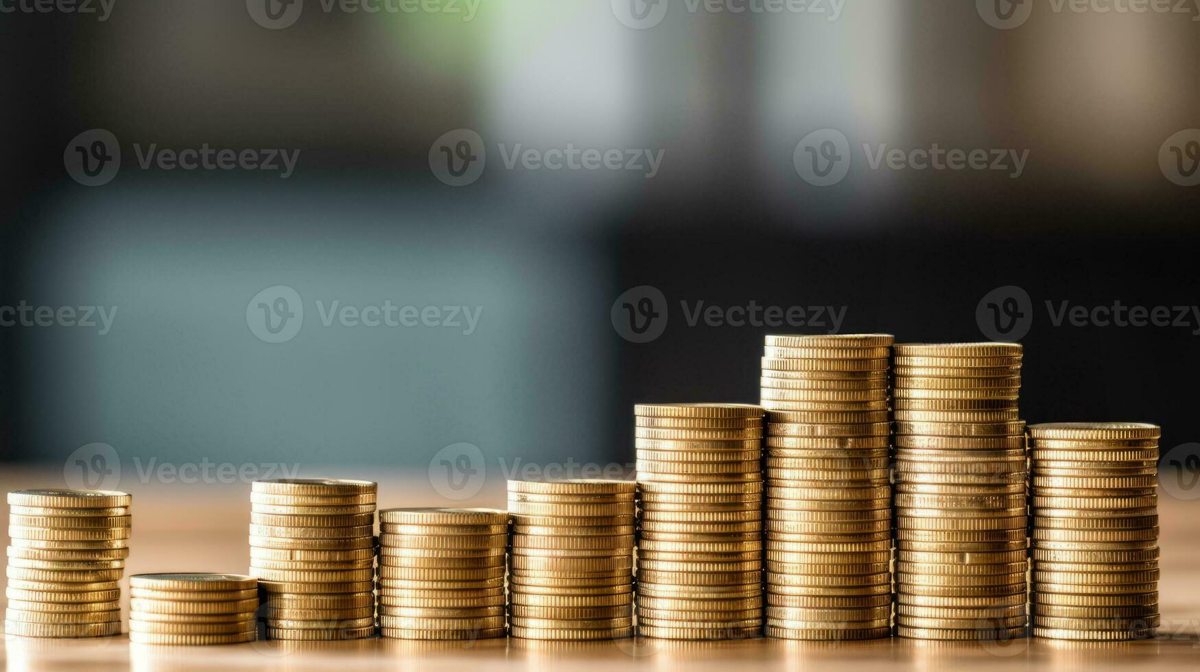 Stacks of coins on the table with dark tone background. Business growth,Financial,saving money and investment concept.Generative AI photo