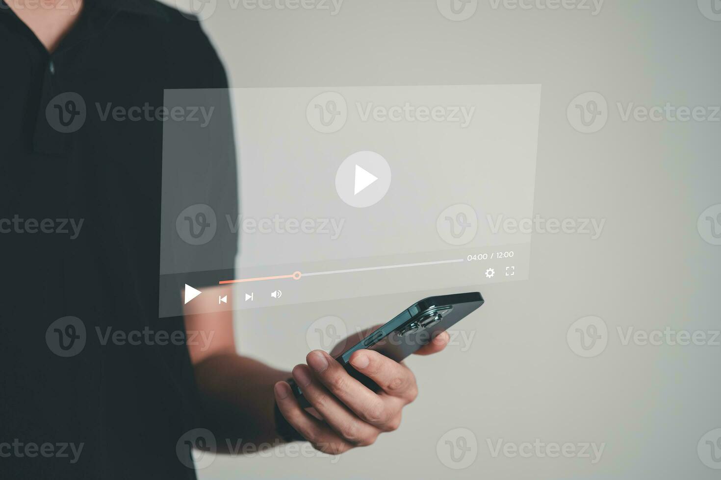 the man touching play icon on video online. video content creator concept. photo