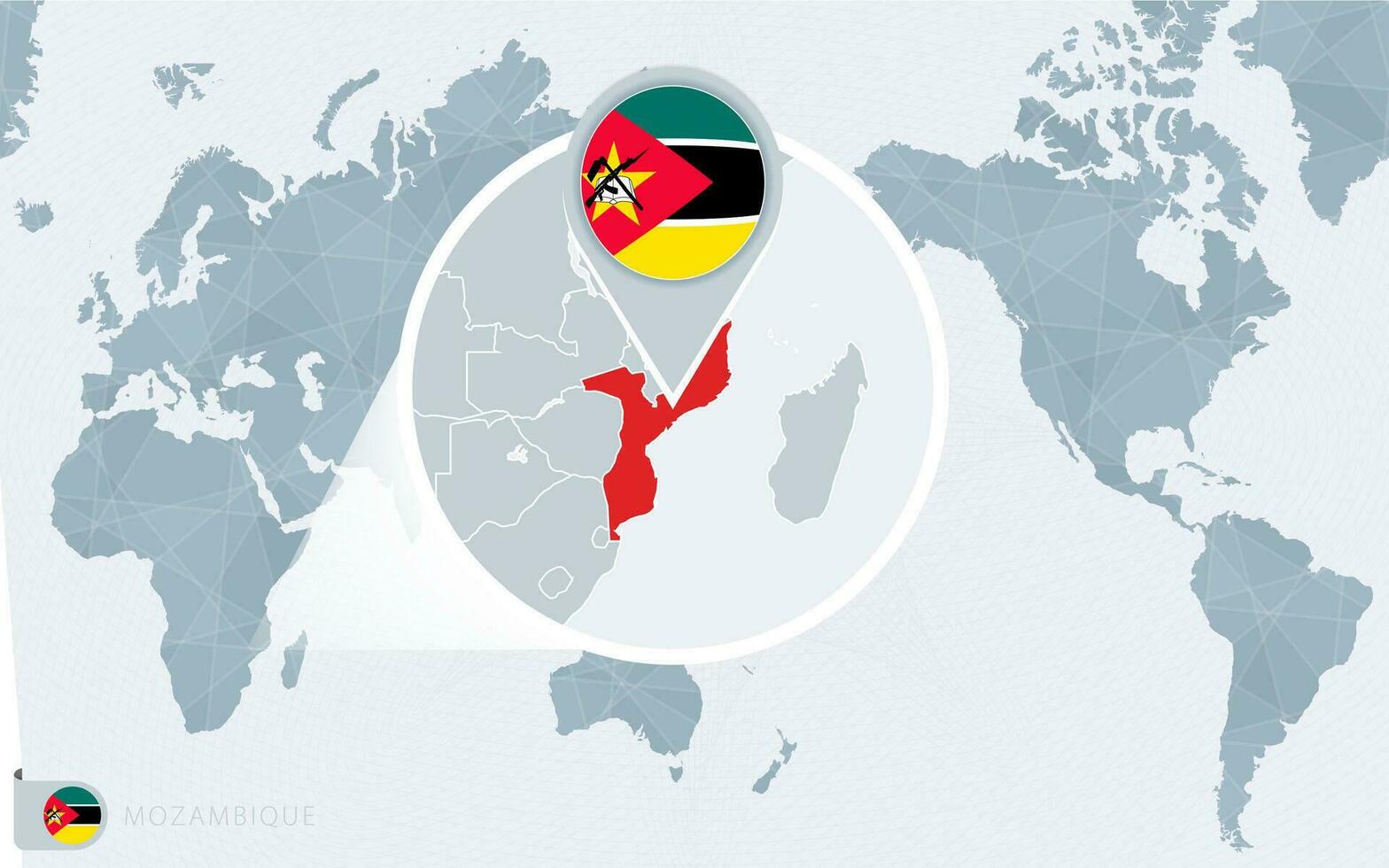 Pacífico centrado mundo mapa con magnificado Mozambique. bandera y mapa de Mozambique. vector