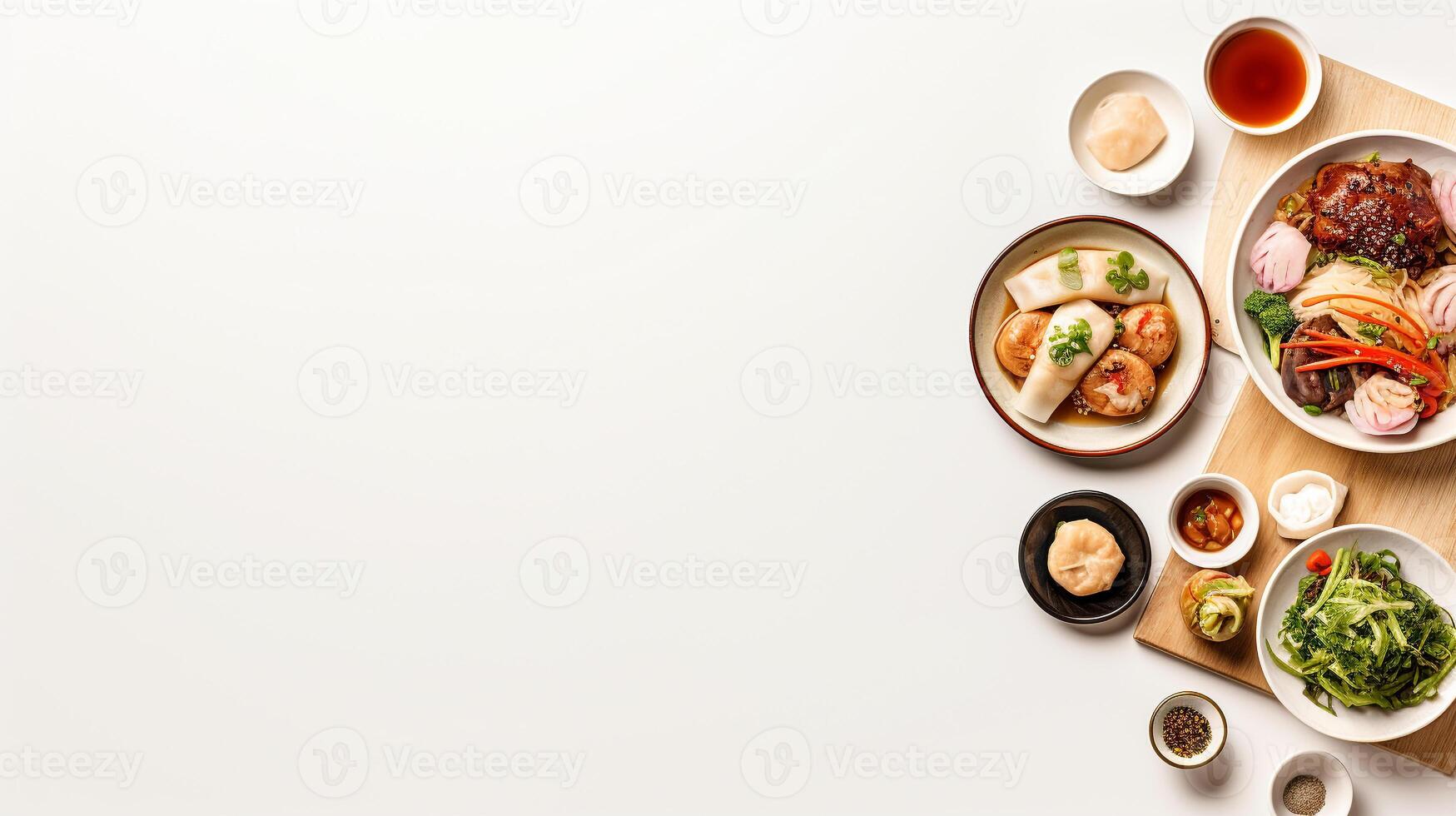 Top view of a simple Asian meal ramen dumplings and sushi illustrating diverse flavors AI Generative photo