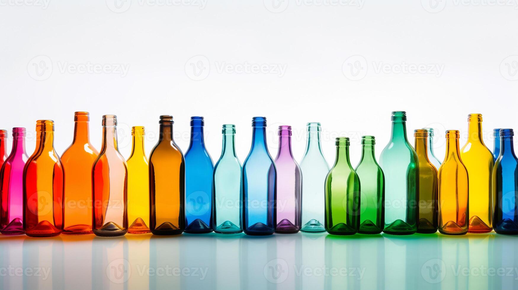 Spectrum of creativity - Vibrant glass bottles on a white backdrop with ample space for text AI Generative photo