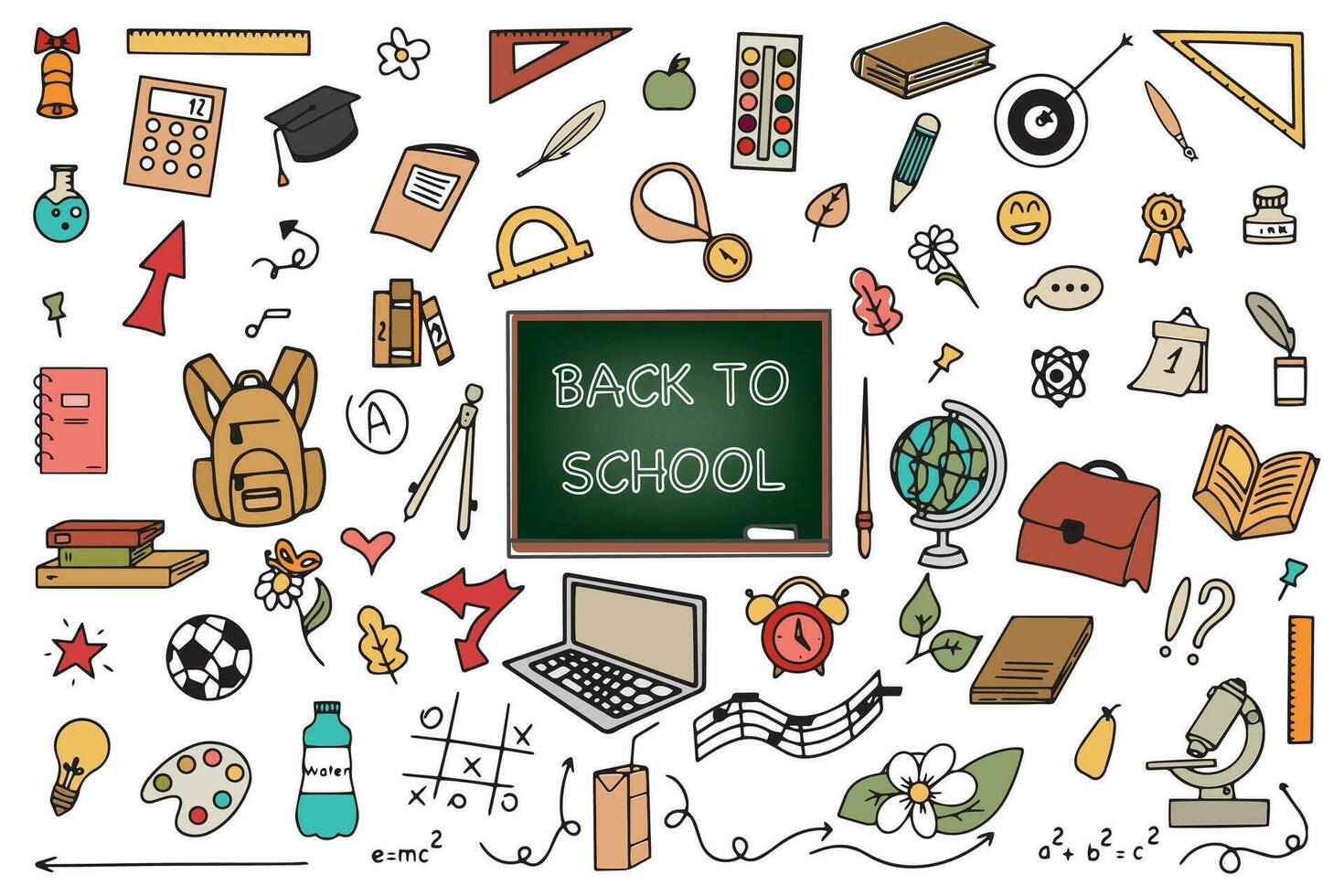 Background of school icons in doodle style. School education. Back to school doodle drawing. Vector