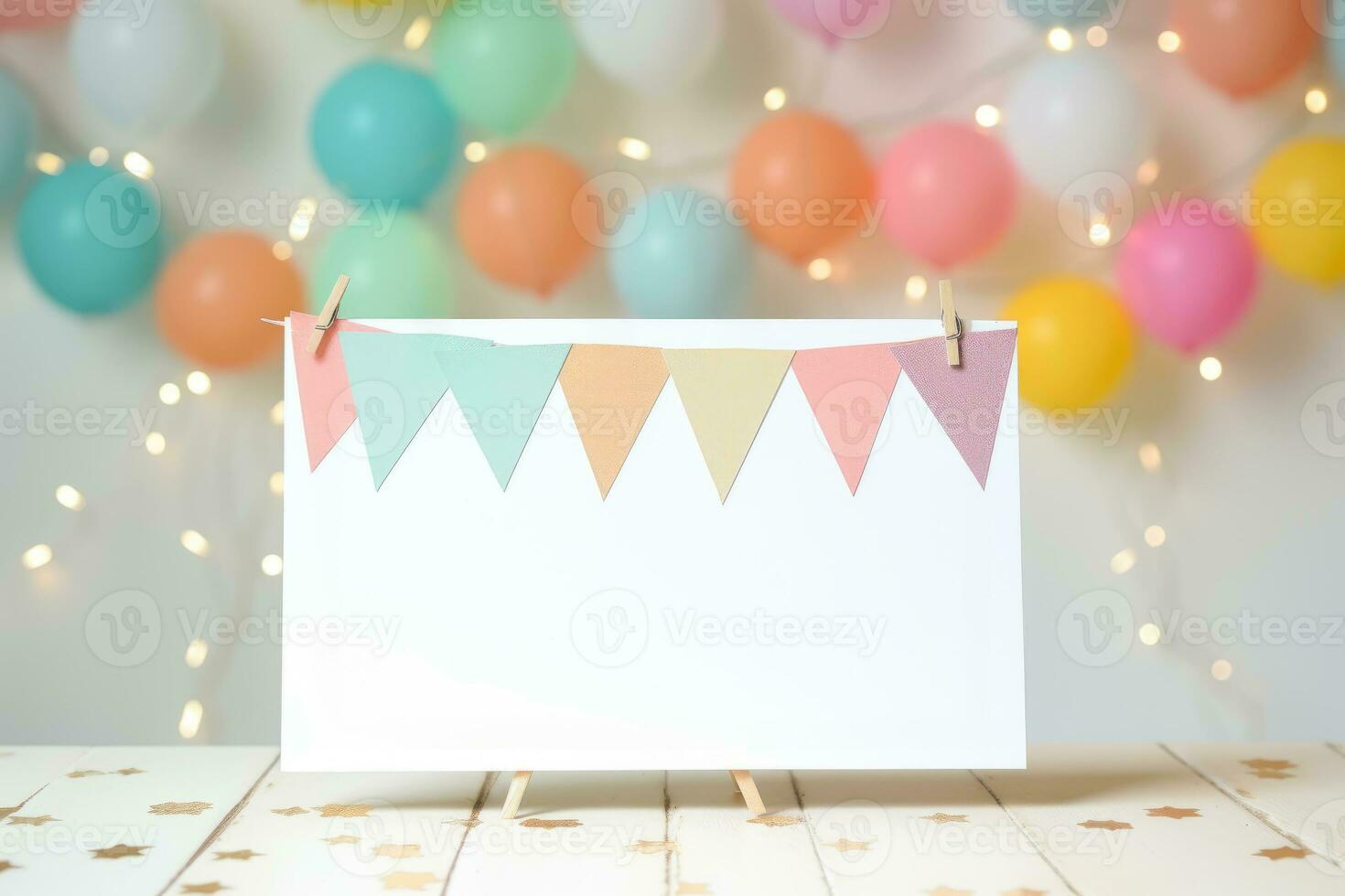 Birthday party card with balloons,cake,candles,flag and gift box.Kid birthday party,invitation and greeting card concept. AI generated photo