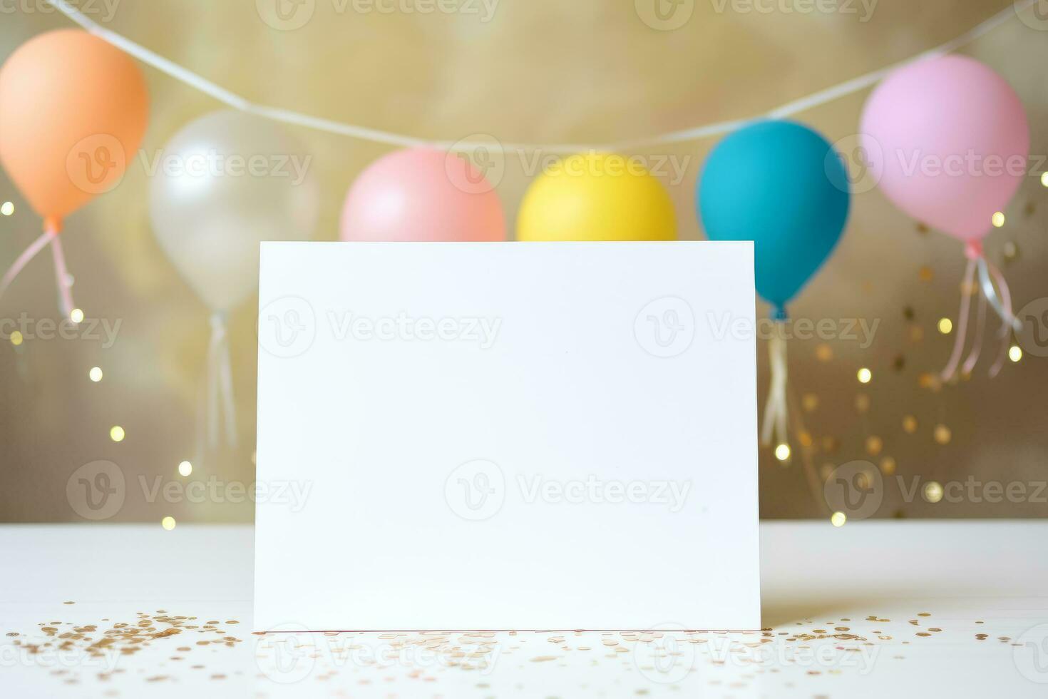 Birthday party card with balloons,cake,candles,flag and gift box.Kid birthday party,invitation and greeting card concept. AI generated photo