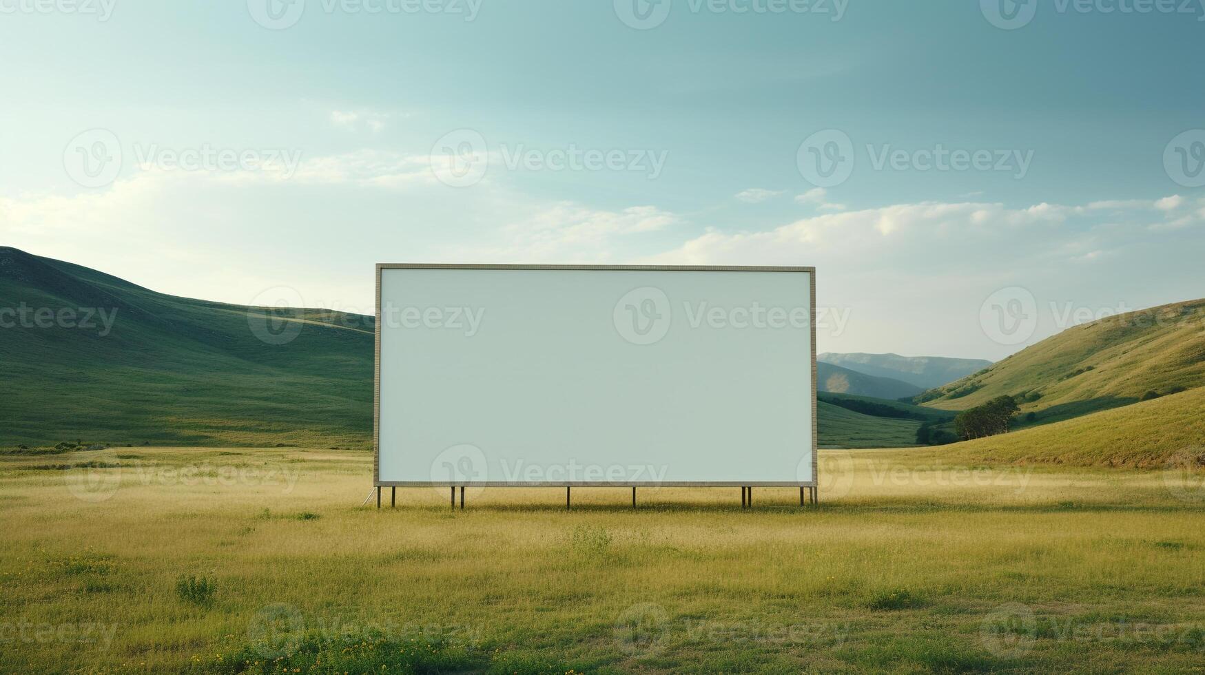 Rural tranquility featuring a blank billboard frame against rolling hills, untapped advertising potential AI Generative photo