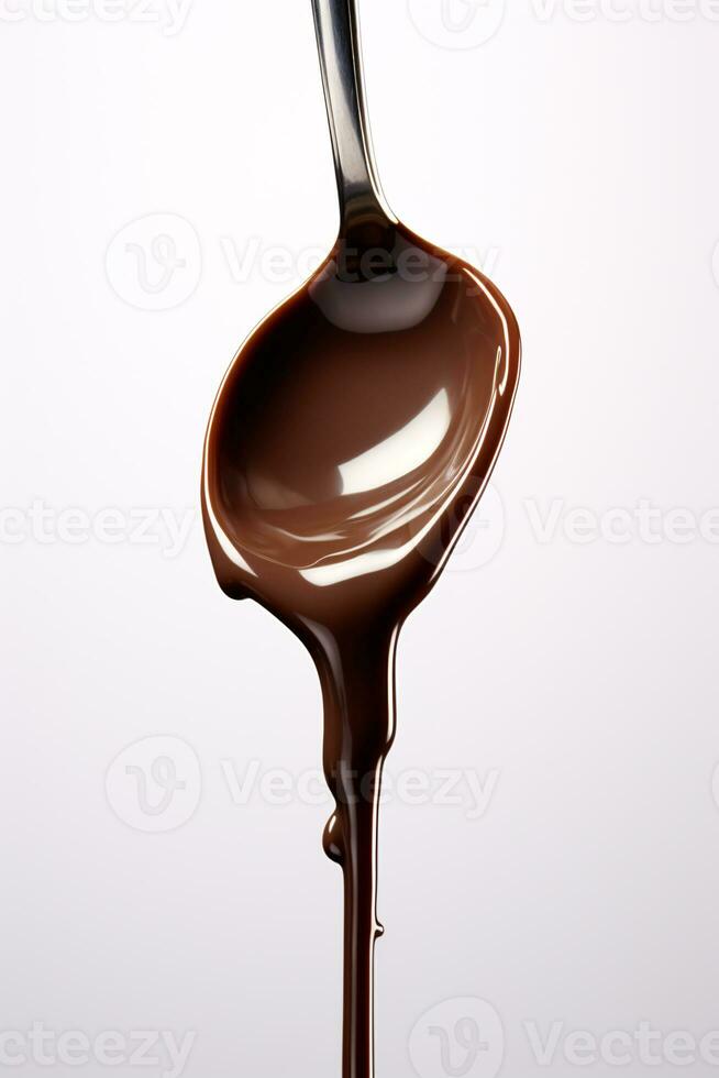 Luscious Chocolate Sauce Dripping from Silver Spoon Against Stark White Background AI Generative photo