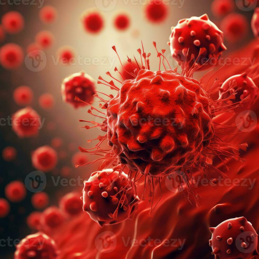 Microsopic of red virus bacteria attack blood cells .medical and science research concept.generative ai photo