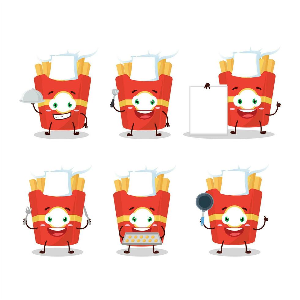 Cartoon character of french fries with various chef emoticons vector