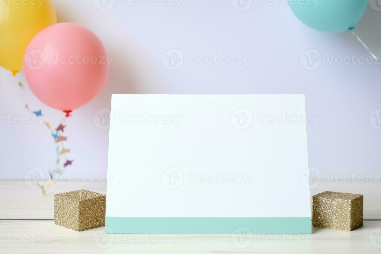 Birthday party card with balloons,cake,candles,flag and gift box.Kid birthday party,invitation and greeting card concept. AI generated photo