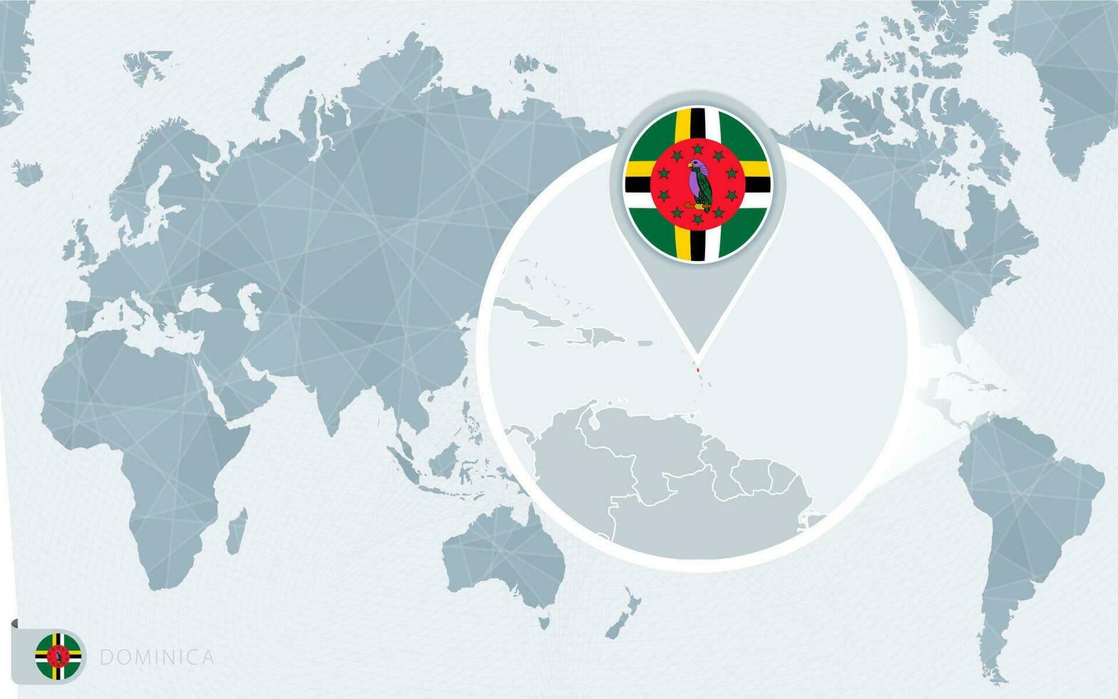 Pacific Centered World map with magnified Dominica. Flag and map of Dominica. vector